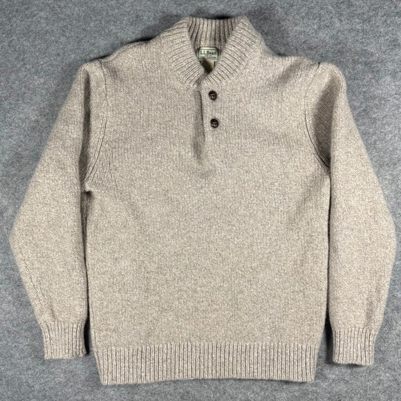 L.L. Bean Other - LL Bean Mens Lambswool Henley Sweater Oatmeal Heather Mock Neck Fisherman